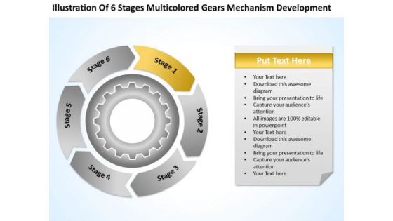 6 Stages Multicolored Gears Mechanism Development Business Plan PowerPoint Slides