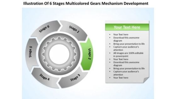 6 Stages Multicolored Gears Mechanism Development It Business Plan PowerPoint Slides