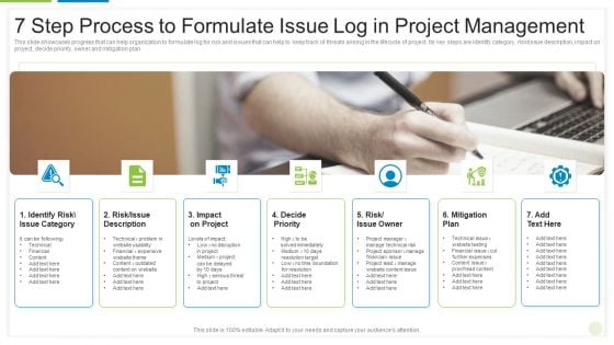 7 Step Process To Formulate Issue Log In Project Management Ppt PowerPoint Presentation Gallery Visual Aids PDF