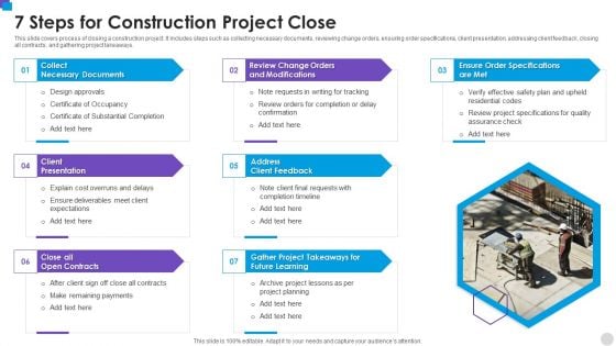 7 Steps For Construction Project Close Icons PDF