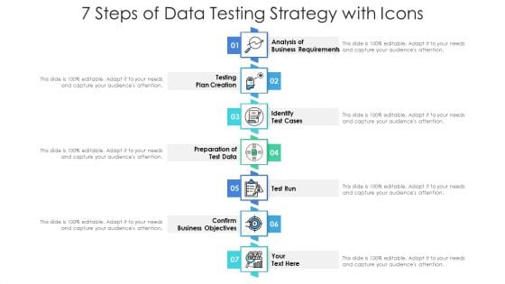 7 Steps Of Data Testing Strategy With Icons Ppt PowerPoint Presentation Gallery Styles PDF