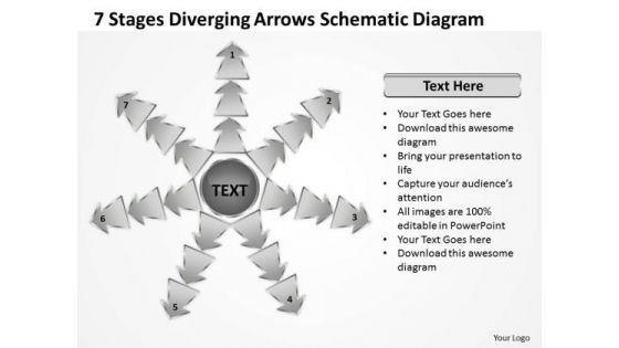 7 Stages Diverging Arrows Schematic Diagram Charts And Networks PowerPoint Slides