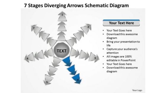 7 Stages Diverging Arrows Schematic Diagram Software PowerPoint Slides