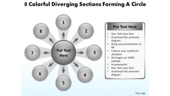 8 Colorful Diverging Sections Forming A Circle Gear Chart PowerPoint Slides