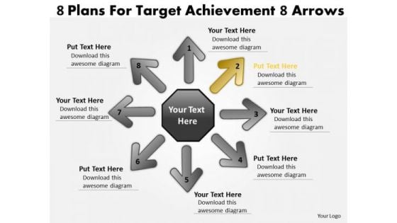 8 Plans For Target Achievement Arrows Venn Diagram PowerPoint Slides