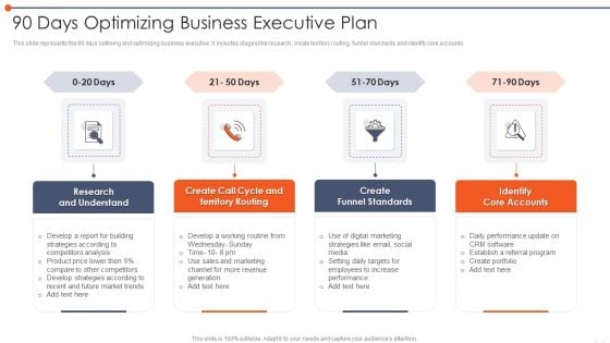 90 Days Optimizing Business Executive Plan Infographics PDF