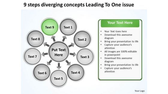 9 Steps Diverging Concepts Leading To One Issue Cycle Chart PowerPoint Templates