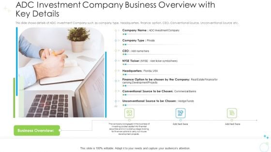 ADC Investment Company Business Overview With Key Details Ppt Slides Example Introduction PDF