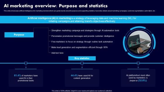 AI Marketing Overview Purpose And Statistics Ppt Infographics Design Inspiration PDF