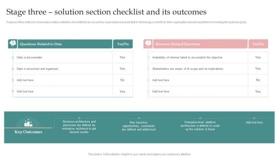 AI Playbook For Business Stage Three Solution Section Checklist And Its Outcomes Diagrams PDF AI Playbook For Business Stage Three Solution Section Checklist And Its Outcomes Diagrams PDF