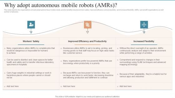 AMR Robot Why Adopt Autonomous Mobile Robots Amrs Ppt PowerPoint Presentation File Styles PDF