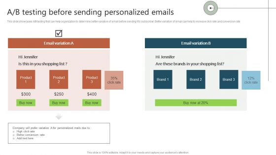 A B Testing Before Sending Personalized Emails Ppt Portfolio Infographics PDF