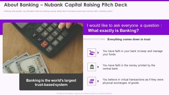 About Banking Nubank Capital Raising Pitch Deck Ppt Infographic Template Icons PDF