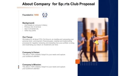 About Company For Sports Club Proposal Ppt PowerPoint Presentation Infographic Template Design Ideas PDF