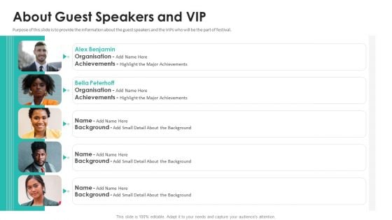 About Guest Speakers And VIP Patronage Elevator Pitch Deck Information PDF