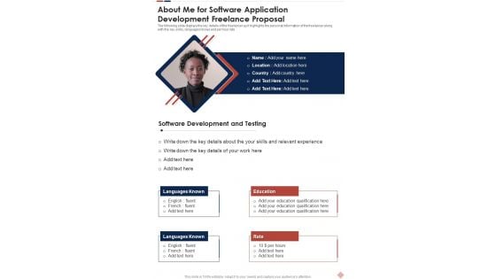 About Me For Software Application Development Freelance Proposal One Pager Sample Example Document