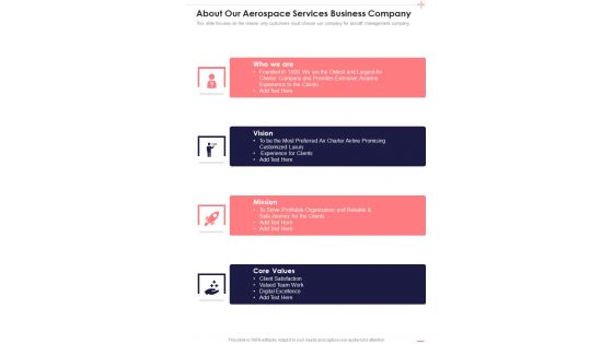 About Our Aerospace Services Business Company One Pager Sample Example Document