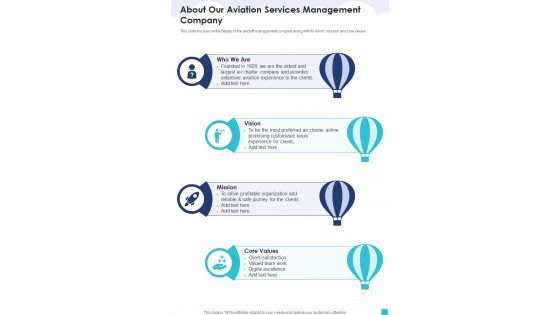 About Our Aviation Services Management Company One Pager Sample Example Document