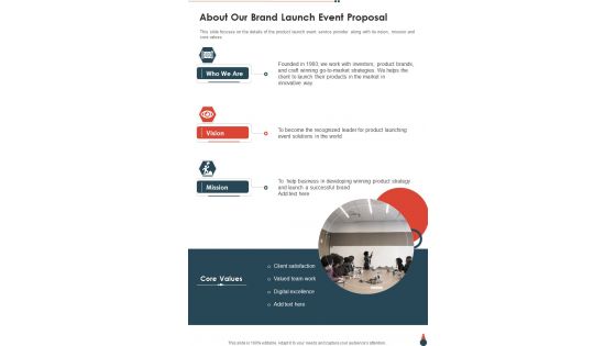 About Our Brand Launch Event Proposal One Pager Sample Example Document