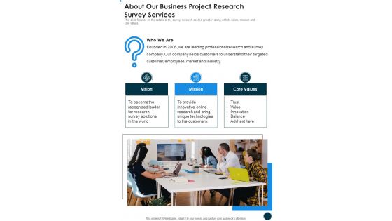 About Our Business Project Research Survey Services One Pager Sample Example Document