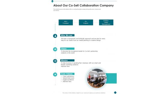 About Our Co Sell Collaboration Company One Pager Sample Example Document About Our Co Sell Collaboration Company One Pager Sample Example Document