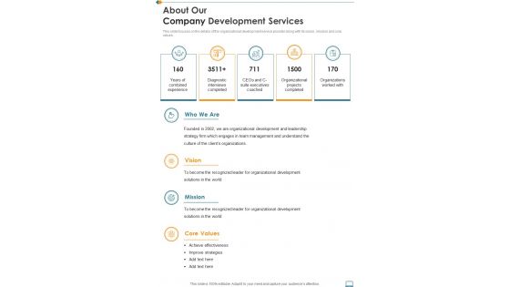 About Our Company Development Services One Pager Sample Example Document