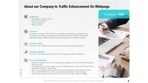 About Our Company To Traffic Enhancement On Webpage Ppt PowerPoint Presentation Professional Design Ideas PDF