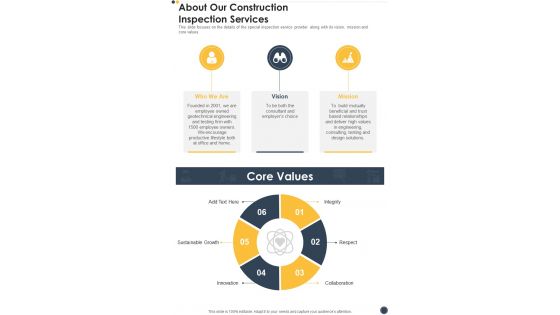 About Our Construction Inspection Services One Pager Sample Example Document About Our Construction Inspection Services One Pager Sample Example Document