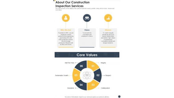 About Our Construction Inspection Services One Pager Sample Example Document