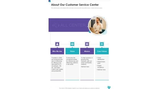 About Our Customer Service Center One Pager Sample Example Document