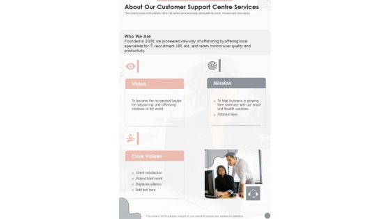 About Our Customer Support Centre Services One Pager Sample Example Document