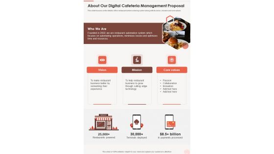 About Our Digital Cafeteria Management Proposal One Pager Sample Example Document