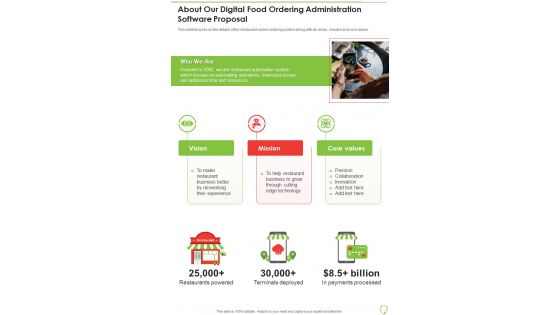 About Our Digital Food Ordering Administration Software Proposal One Pager Sample Example Document