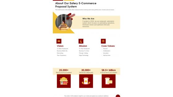 About Our Eatery E Commerce Proposal System One Pager Sample Example Document