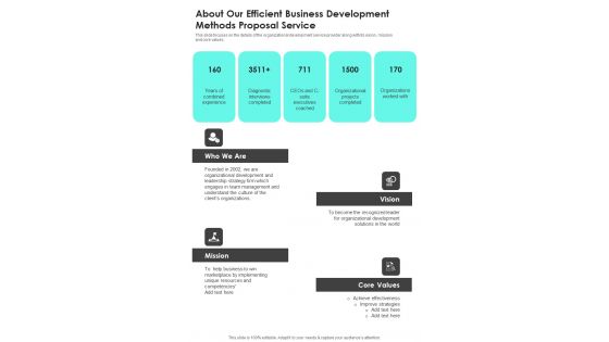 About Our Efficient Business Development Methods Proposal Service One Pager Sample Example Document