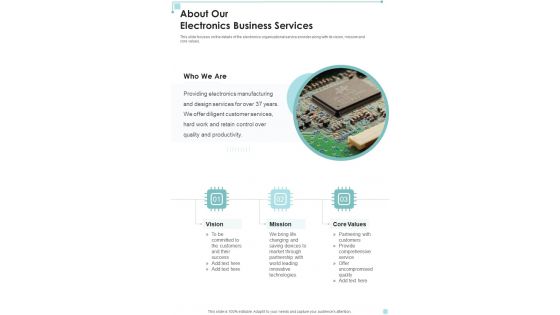 About Our Electronics Business Services One Pager Sample Example Document About Our Electronics Business Services One Pager Sample Example Document