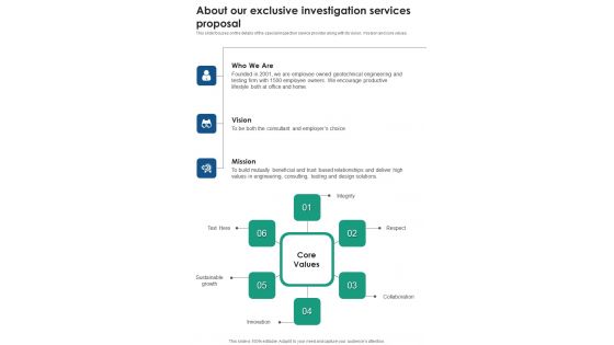 About Our Exclusive Investigation Services Proposal One Pager Sample Example Document