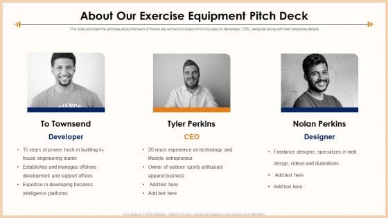 About Our Exercise Equipment Pitch Deck Designer Template PDF