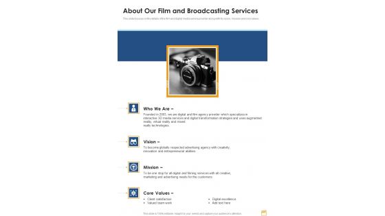 About Our Film And Broadcasting Services One Pager Sample Example Document