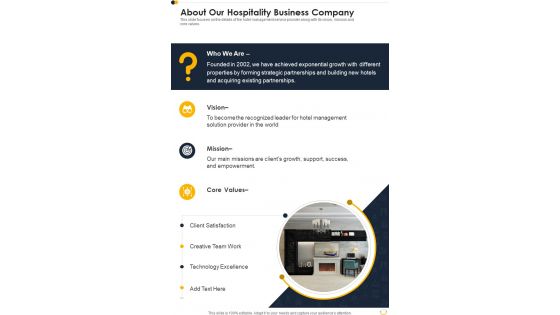About Our Hospitality Business Company One Pager Sample Example Document About Our Hospitality Business Company One Pager Sample Example Document