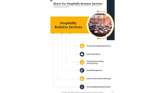About Our Hospitality Business Services One Pager Sample Example Document