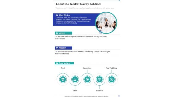 About Our Market Survey Solutions One Pager Sample Example Document