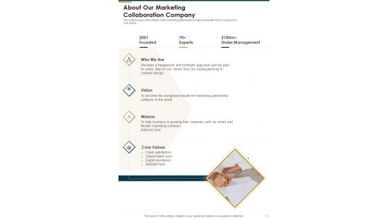 About Our Marketing Collaboration Company One Pager Sample Example Document
