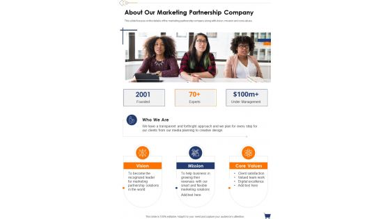 About Our Marketing Partnership Company One Pager Sample Example Document