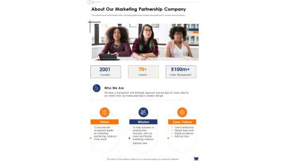 About Our Marketing Partnership Company One Pager Sample Example Document About Our Marketing Partnership Company One Pager Sample Example Document