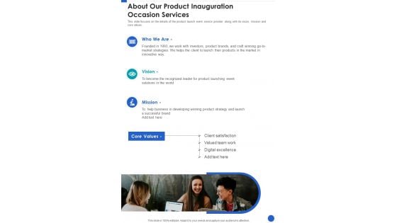 About Our Product Inauguration Occasion Services One Pager Sample Example Document About Our Product Inauguration Occasion Services One Pager Sample Example Document