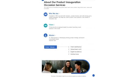 About Our Product Inauguration Occasion Services One Pager Sample Example Document