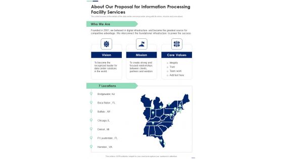 About Our Proposal For Information Processing Facility Services One Pager Sample Example Document About Our Proposal For Information Processing Facility Services One Pager Sample Example Document