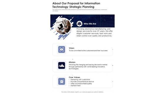 About Our Proposal For Information Technology Strategic Planning One Pager Sample Example Document