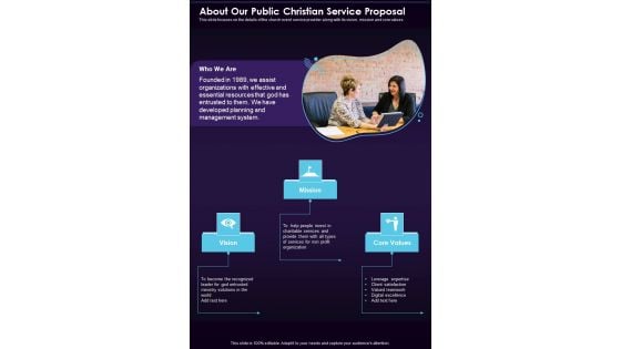 About Our Public Christian Service Proposal One Pager Sample Example Document About Our Public Christian Service Proposal One Pager Sample Example Document